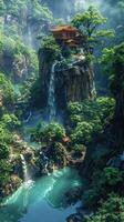 Serene Waterfall Sanctuary Nestled Among Lush Greenery in a Mystical Forest photo