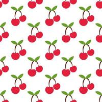 Seamless Pattern with Two red cherries on the branch with leaves. Fruit berry flat illustration. vector