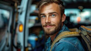 Smiling Young Man With Backpack Boarding a Public Bus During Daytime photo