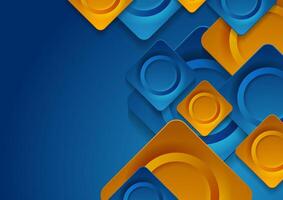 Blue orange geometric tech background with glossy circles and squares vector