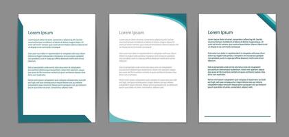 Three white papers with teal blue design elements on a gray background. Modern layout for business documents or reports. Professional and clean look. template, mockup, a4 vector