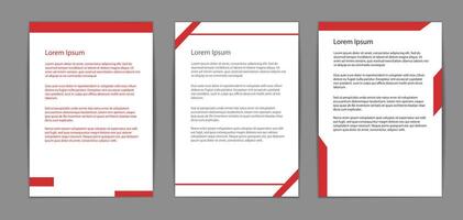 Three modern document templates with red accents. Each template features different red design elements and text placement, offering a diverse range of professional layouts, mockup vector