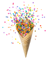 Colorful confetti bursting from an ice cream cone, cut out - stock . png