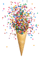 Colorful confetti bursts from ice cream cone, cut out - stock . png