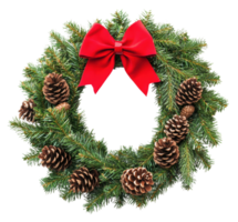 Festive wreath with pinecones and red bow, cut out - stock . png