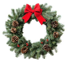 Festive pine cone wreath with red bow for holidays, cut out - stock . png