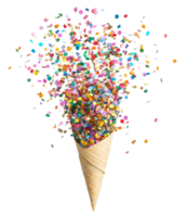 Colorful confetti bursts from an ice cream cone, cut out - stock . png