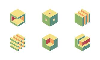 Cube logo, geometric design. Set box logotype company, trendy techno emblem in isometric 3D style. vector