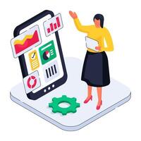 An isometric design illustration of mobile data analytics vector