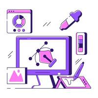 Pen with nodes inside monitor, bezier tool illustration vector
