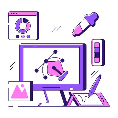 Pen with nodes inside monitor, bezier tool illustration