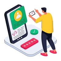 An isometric design illustration of mobile profile login vector