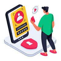 An isometric design illustration of mobile profile login vector