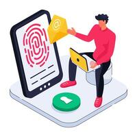 isometric design illustration of mobile fingerprint vector