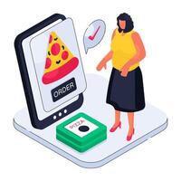 An isometric design illustration of mobile pizza order vector