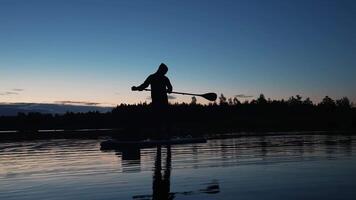 Stand up paddle boarding or standup paddleboarding on quiet lake at sunrise with beautiful colors during warm summer beach vacation holiday, active man, close-up of water surface video