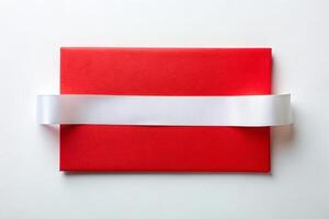White ribbon tape with a rectangle with red background for your presentation background photo