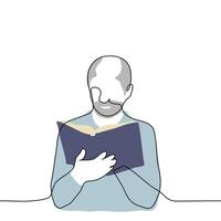 gray haired man with bald head reading a book - one line art . concept elderly grandfather reading vector