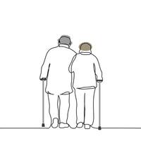 elderly couple walking together with canes in their hands, view from the back - one line art . concept couple of old people walking with difficulty vector