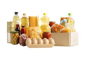 Foodstuffs for donation isolated on white background with clipping path for volunteer to help people. photo