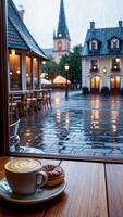 Cafe, cup of coffee and delicious pastries on table, quiet rain outside window. photo