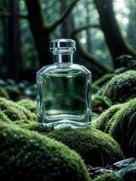 Clear bottle of perfume with green liquid inside, resting on bed of moss. photo