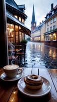Cafe, cup of coffee and delicious pastries on table, quiet rain outside window. photo