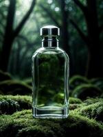 Clear bottle of perfume with green liquid inside, resting on bed of moss. photo