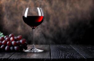 Glass of red wine and handful of ripe grapes on wooden surface with dark background photo