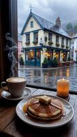 Cafe, cup of coffee and delicious pastries on table, quiet rain outside window. photo