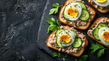 Toasts with tuna. Italian toasts sandwiches with pate canned tuna, egg and cucumber. Top view, flat lay on dark table. Healthy food. photo