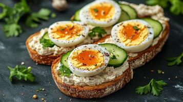 Toasts with cream cheese. italian toast sandwiches with cream cheese, egg and cucumber. side view, flat lay on dark table. healthy food. photo