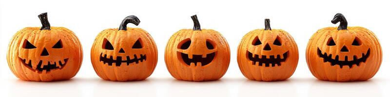 Set orange of Halloween pumpkins with sinister carved faces on a white background. Pumpkins has a unique expression, creating a festive and creepy atmosphere. photo