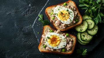 Toasts with tuna. Italian toasts sandwiches with pate canned tuna, egg and cucumber. Top view, flat lay on dark table. Healthy food. photo