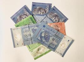 A close-up of the Malaysian currency in fractions of 1 to 10 ringgit. photo