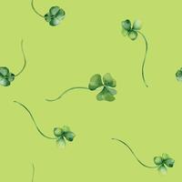 Shamrock and clover watercolor seamless pattern isolated on green background. Painted green four leaves. Hand drawn Celtic symbol. Design for St. Patrick day decoration, textile, wrapping, paper vector