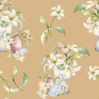 White lilies in ceramic jug watercolor isolated on beige. White flower botanical in pitcher seamless pattern hand drawn. Lily bunch Christian symbol. Design for Easter, textile, wrapping paper vector