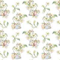 White lilies in ceramic jug watercolor isolated on white. White flower botanical in pitcher seamless pattern hand drawn. Lily bunch Christian symbol. Design for Easter, textile, wrapping paper vector