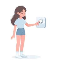 A full-length girl presses her finger on a touch thermostat, a minimalist cartoon style dimmer. The concept of using a smart home device. On a pure white background vector