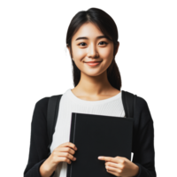 Young student smiling while holding a notebook, posing for a portrait in a light setting png
