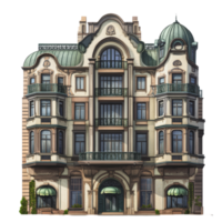 Elegant multi-story building with intricate architectural design and domed rooftops located in an urban setting png