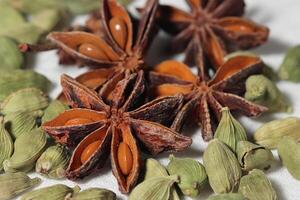 Dry organic Cardamom or Elakka top view background or texture. Healthy spices, nuts, seeds and herbal products. photo