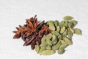 Dry organic Cardamom or Elakka top view background or texture. Healthy spices, nuts, seeds and herbal products. photo