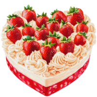 Heart-shaped cake topped with fresh strawberries and cream on a festive red base png