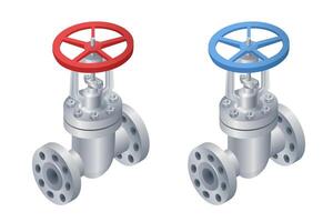 Set of isometric illustrations of shutoff valve. Stop valve icon. Pipe fitting vector