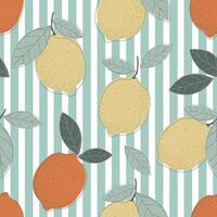Lemon fruits with leaves form a seamless pattern on a light blue striped background for fabrics, textiles and wrapping paper. vector