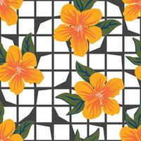 Tropical orange flowers form a seamless pattern with white background and black outline checkered mesh for fabrics, wrapping paper, decorative pillows. vector