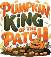 Pumpkin King of the Patch Illustration with Crowned Character Inside Pumpkin Surrounded by Jack-O'-Lanterns vector