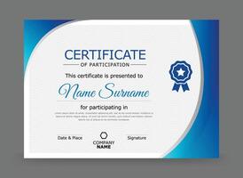 Certificate of participation design template in blue and grey colour with badge. vector