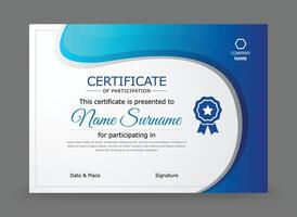 Certificate of participation template. Modern blue colour certificate with badge. vector
